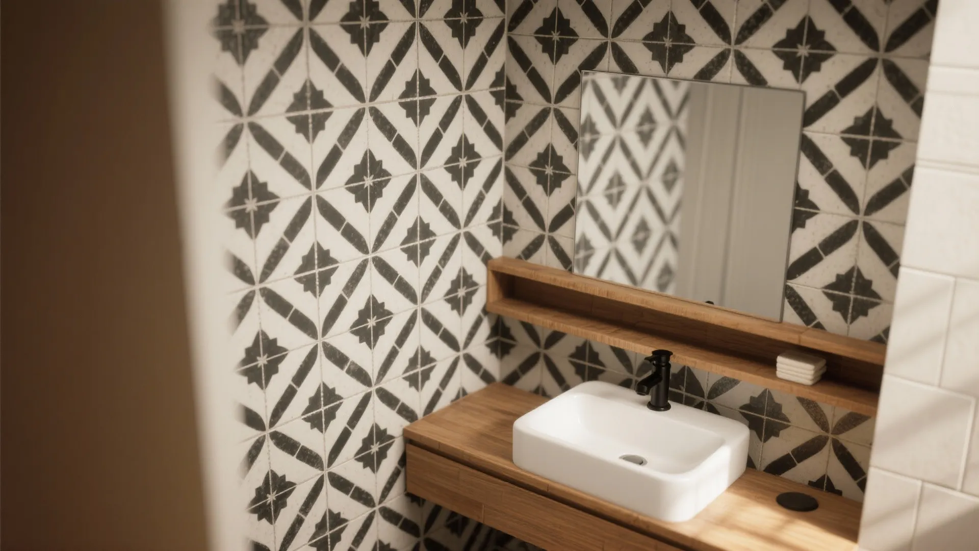 Small bathroom sink area featuring patterned wall tiles, wooden shelf, square mirror, and black faucet