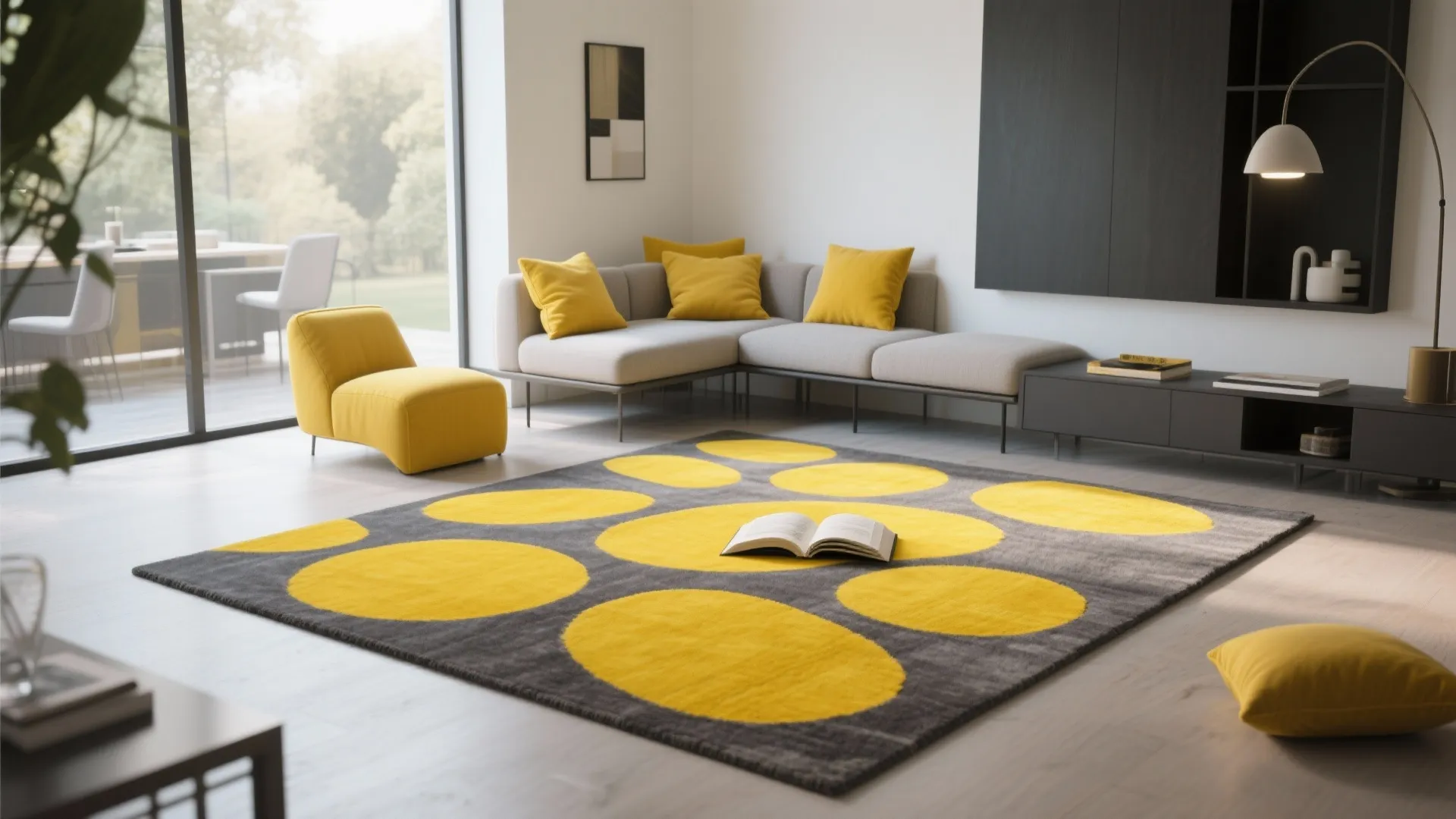5. Graphic Two‑Tone Rug: Yellow Shapes on Grey Field