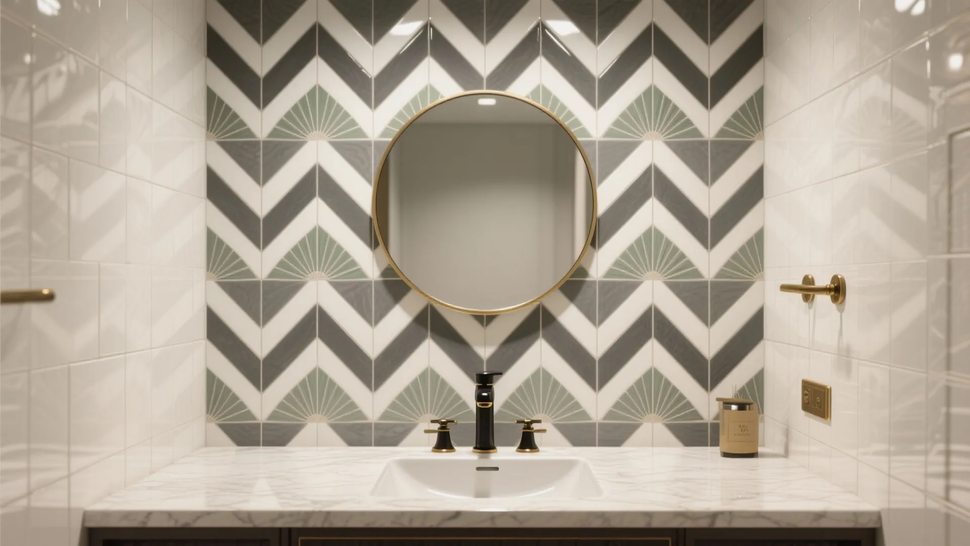 Bathroom vanity featuring marble countertop white sink black faucet round gold mirror and geometric tiles