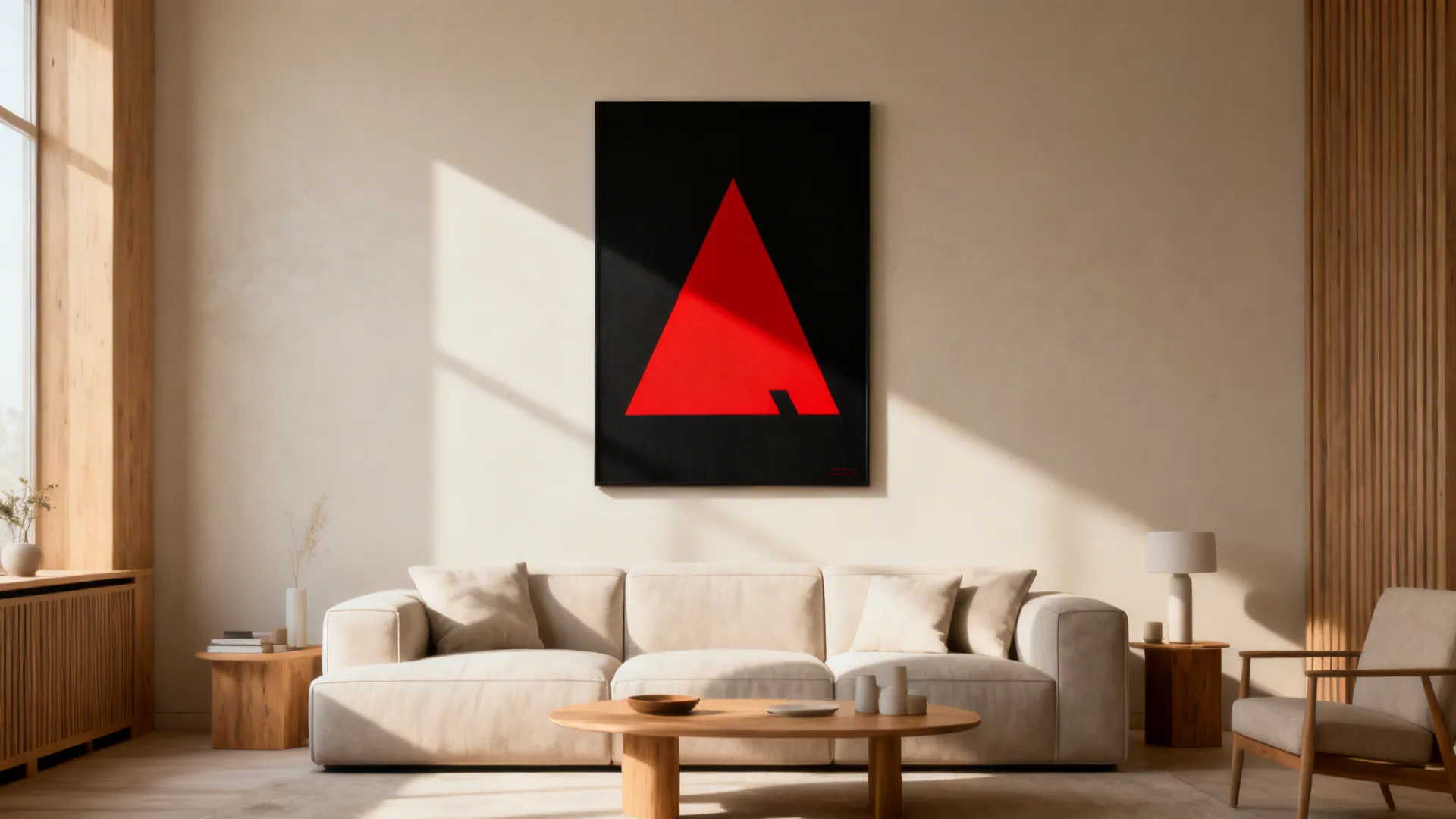 Neutral living room with an oversized black-and-red graphic canvas above a wood console