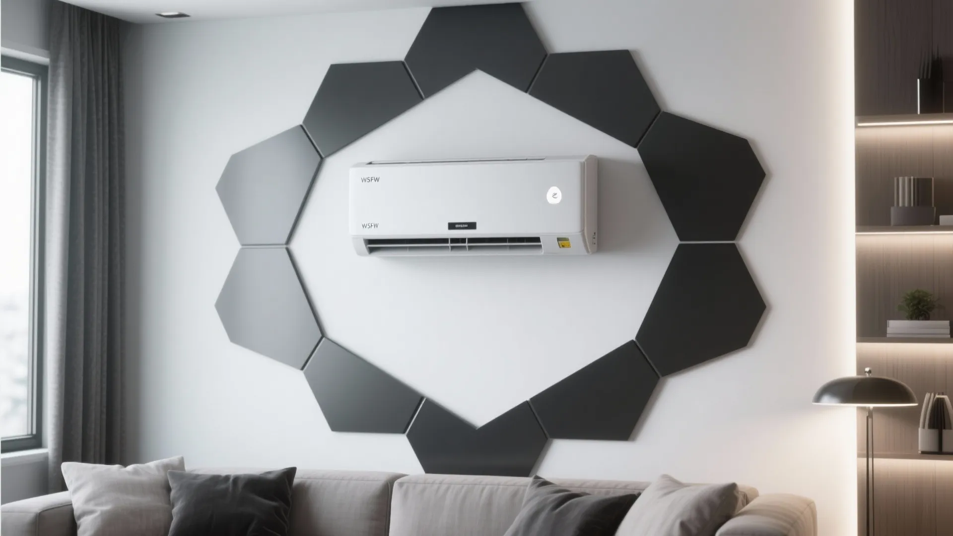 White wall mounted air conditioner unit surrounded by grey hexagonal wall panels above a grey sofa