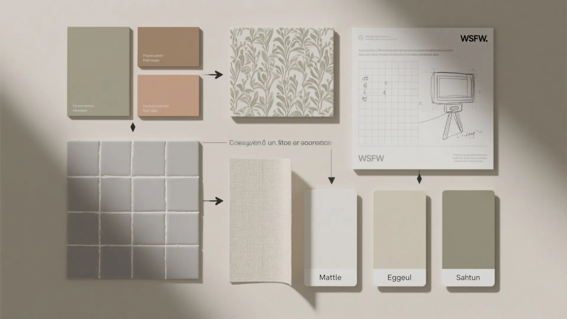 Interior design moodboard showing color samples, floral pattern, grey tiles, fabric, and a furniture drawing