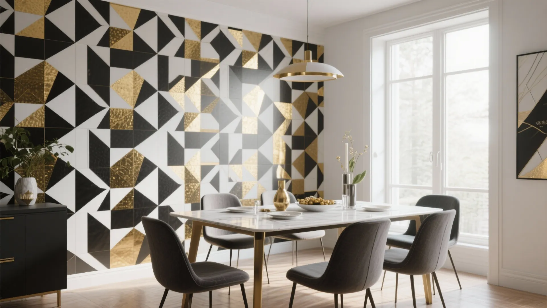 Dining room with black gold and white geometric pattern wall marble table and grey chairs