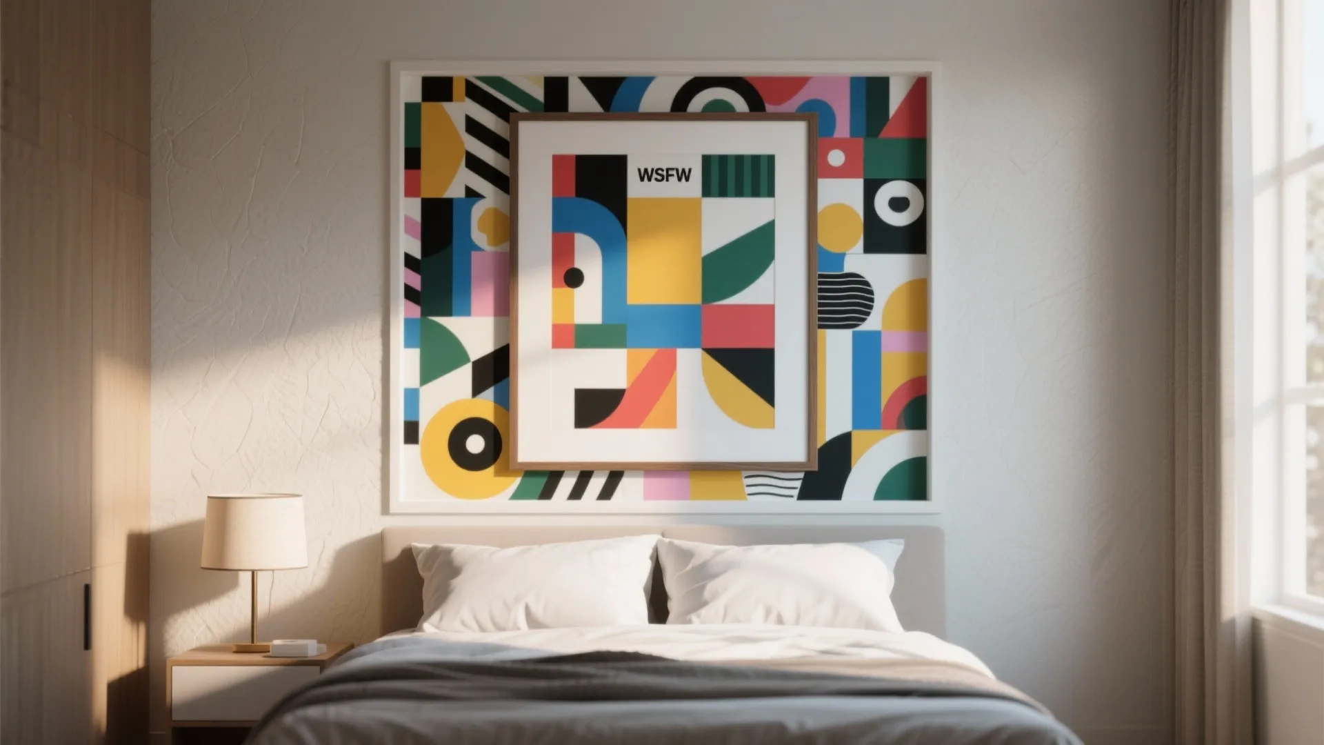 Bright bedroom featuring large colorful geometric pattern wall art piece placed above a white bed