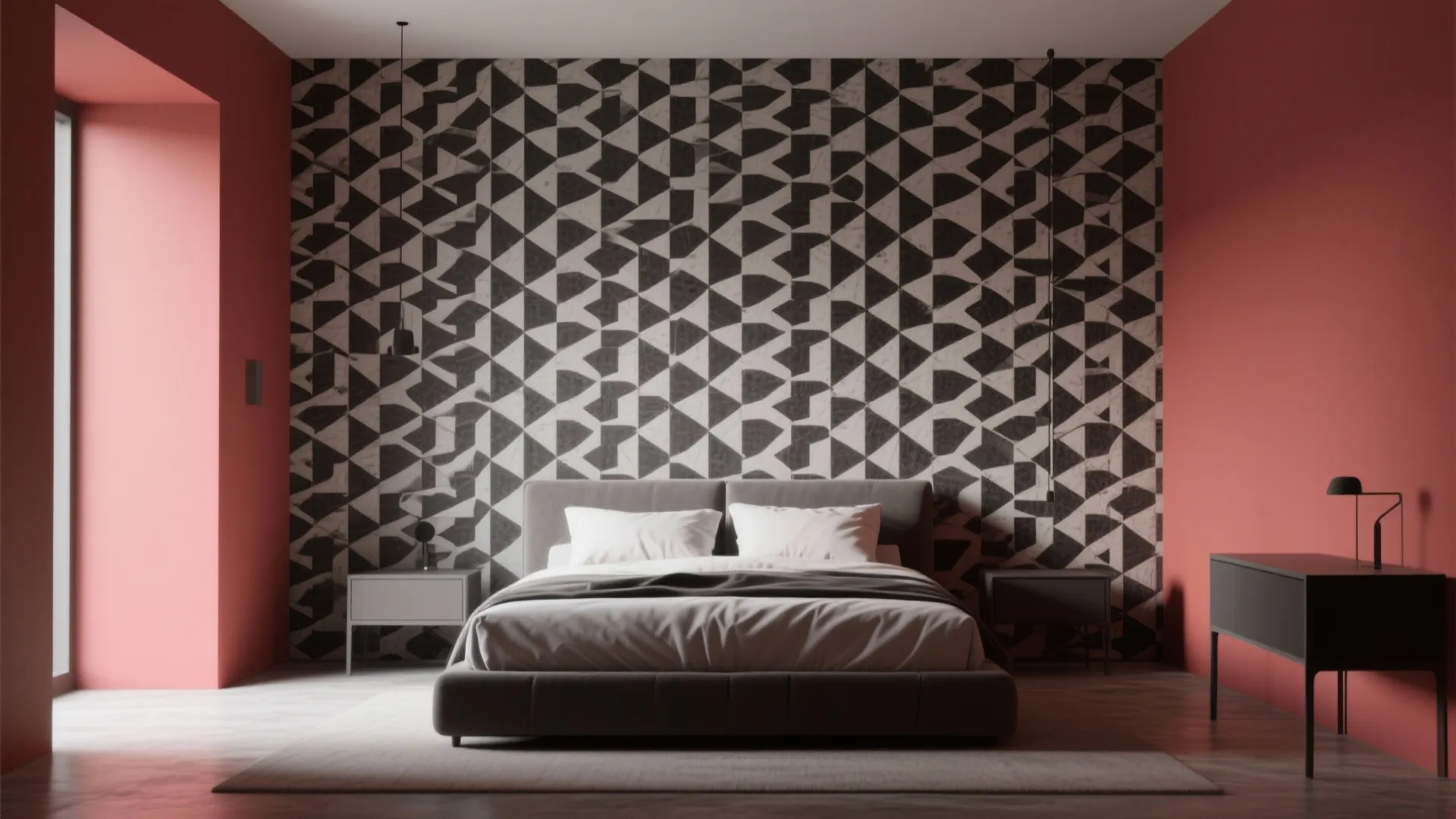 3. Graphic Wallpaper and Red Accent Wall