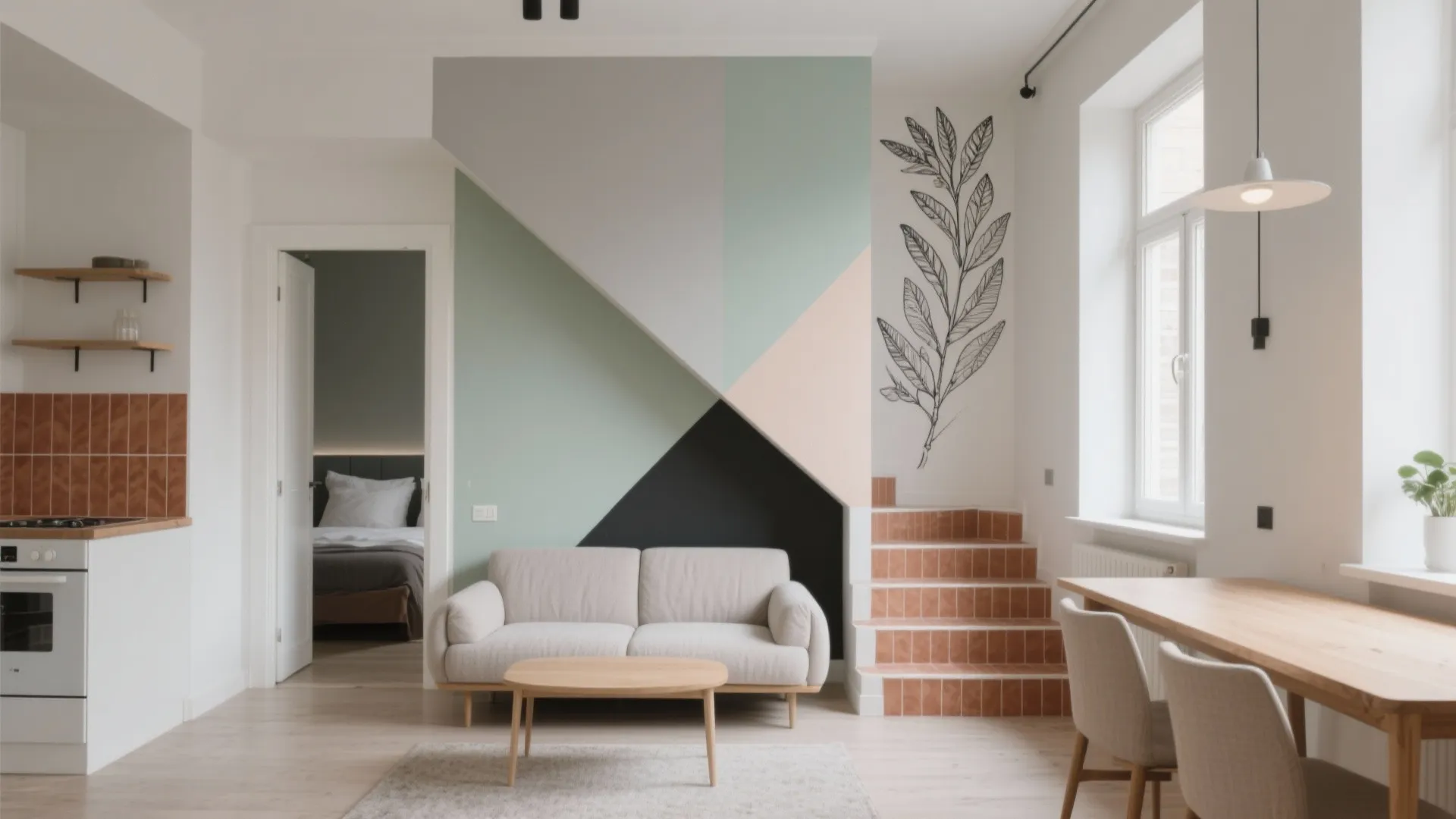 Modern living room with geometric wall paint, beige sofa, wooden coffee table, and indoor dining area