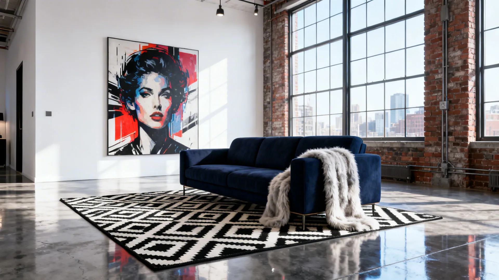Navy sofa in an urban loft with a black-and-white geometric rug and bold graphic art