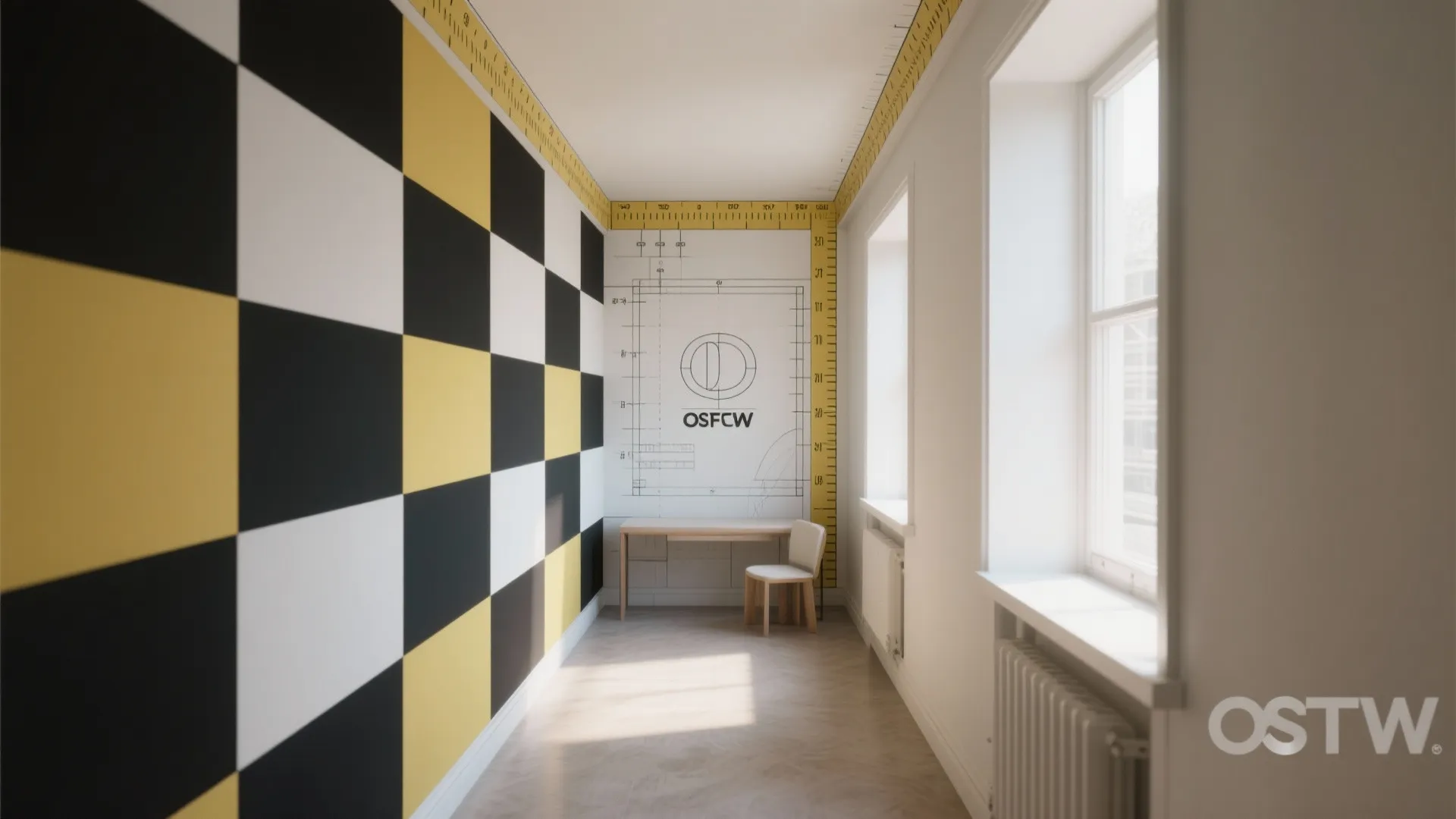 Narrow room with geometric stripes and checker blocks used to widen and raise the space.