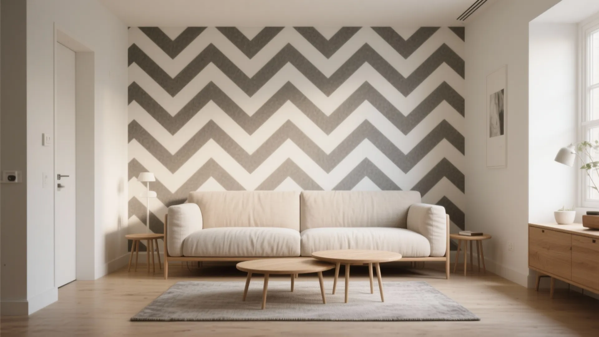 Minimalist living room with beige sofa wood tables and large grey zig zag wall pattern