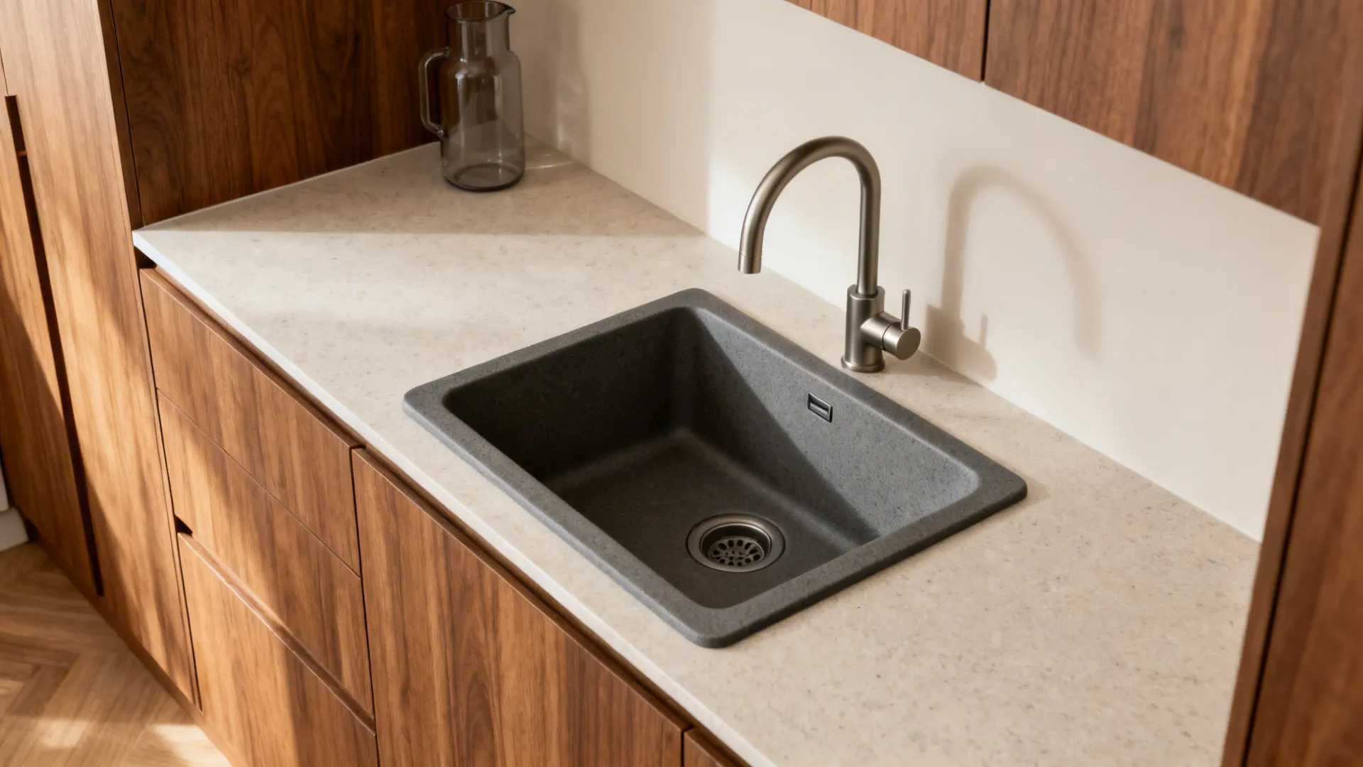 Graphite-grey quartz-composite sink contrasts with warm wood cabinets and light counter.