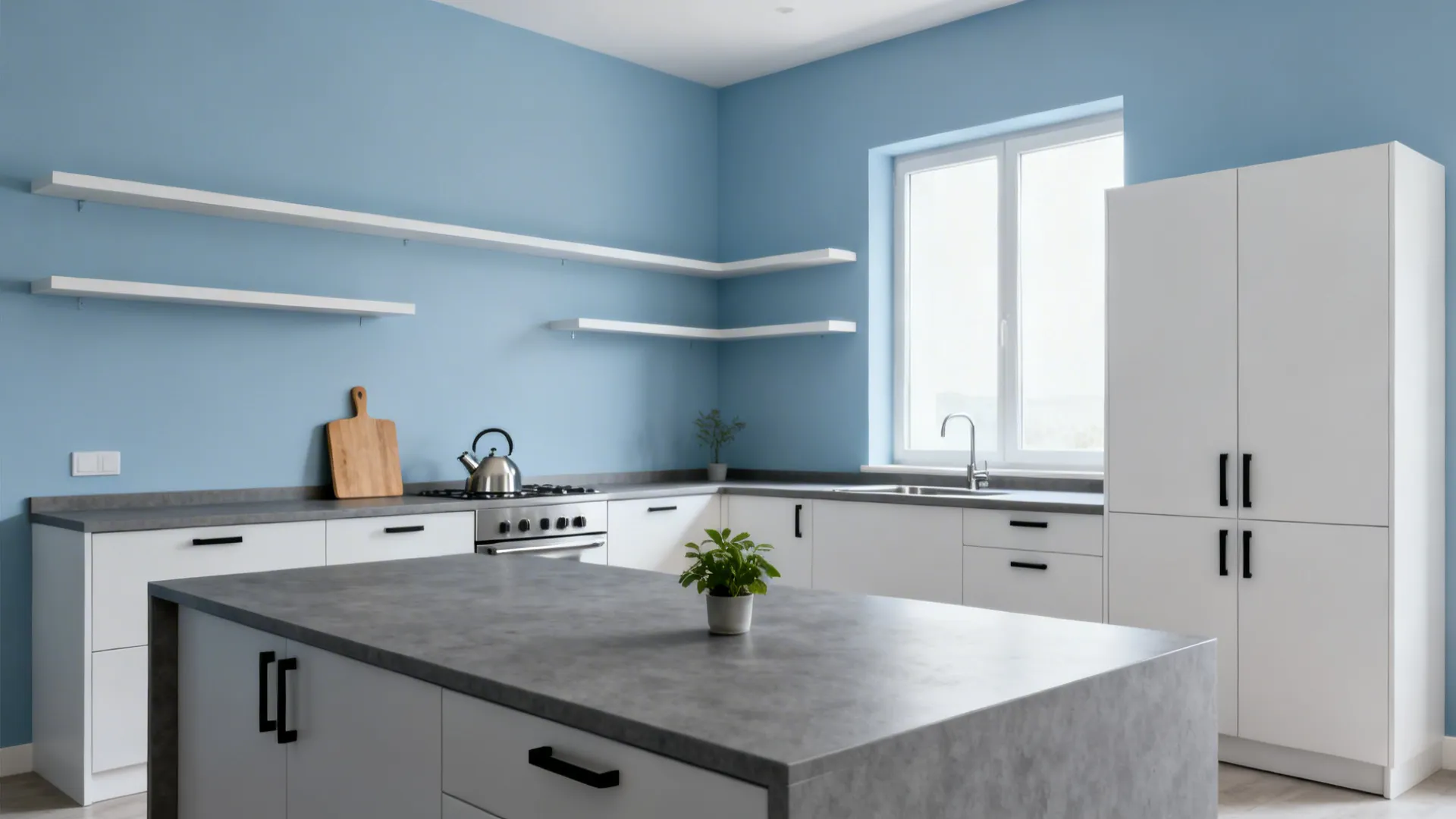 5) Graphite Grey Counters with Soft Blue Walls