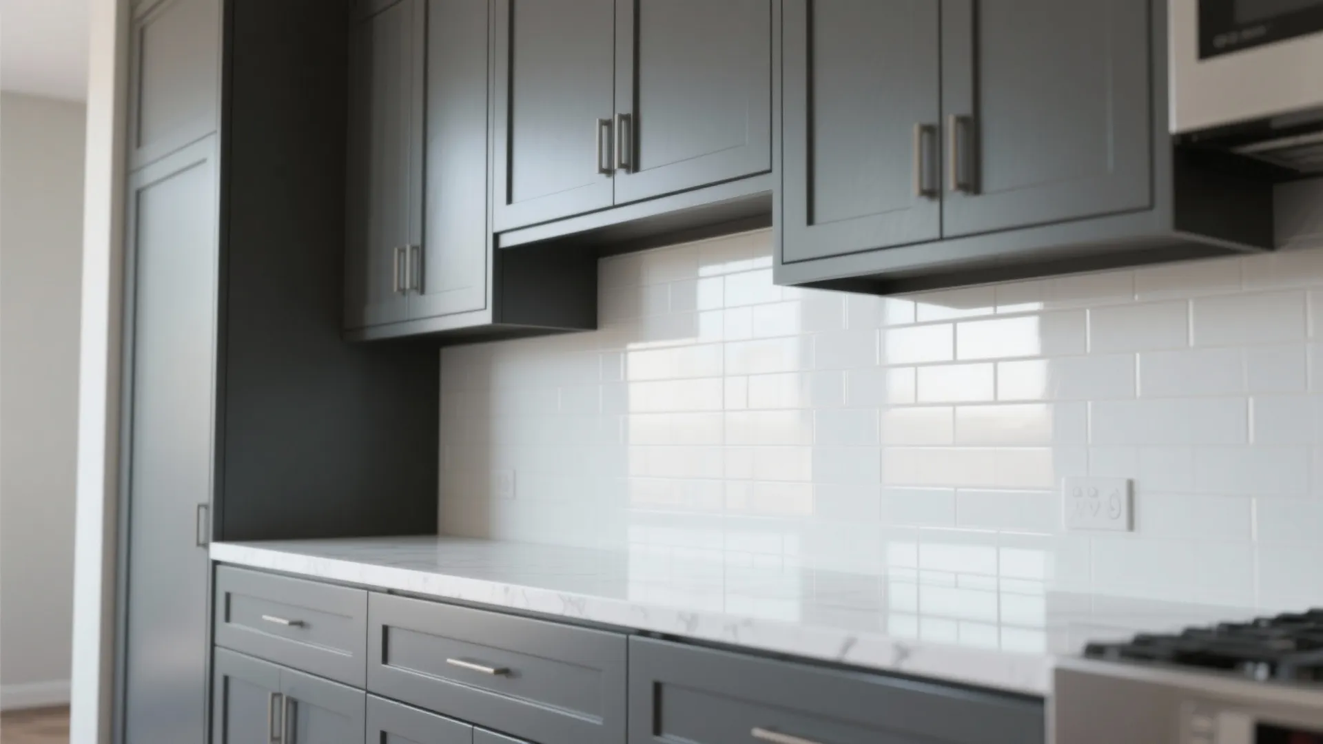 5. Graphite cabinets + white porcelain tile backsplash