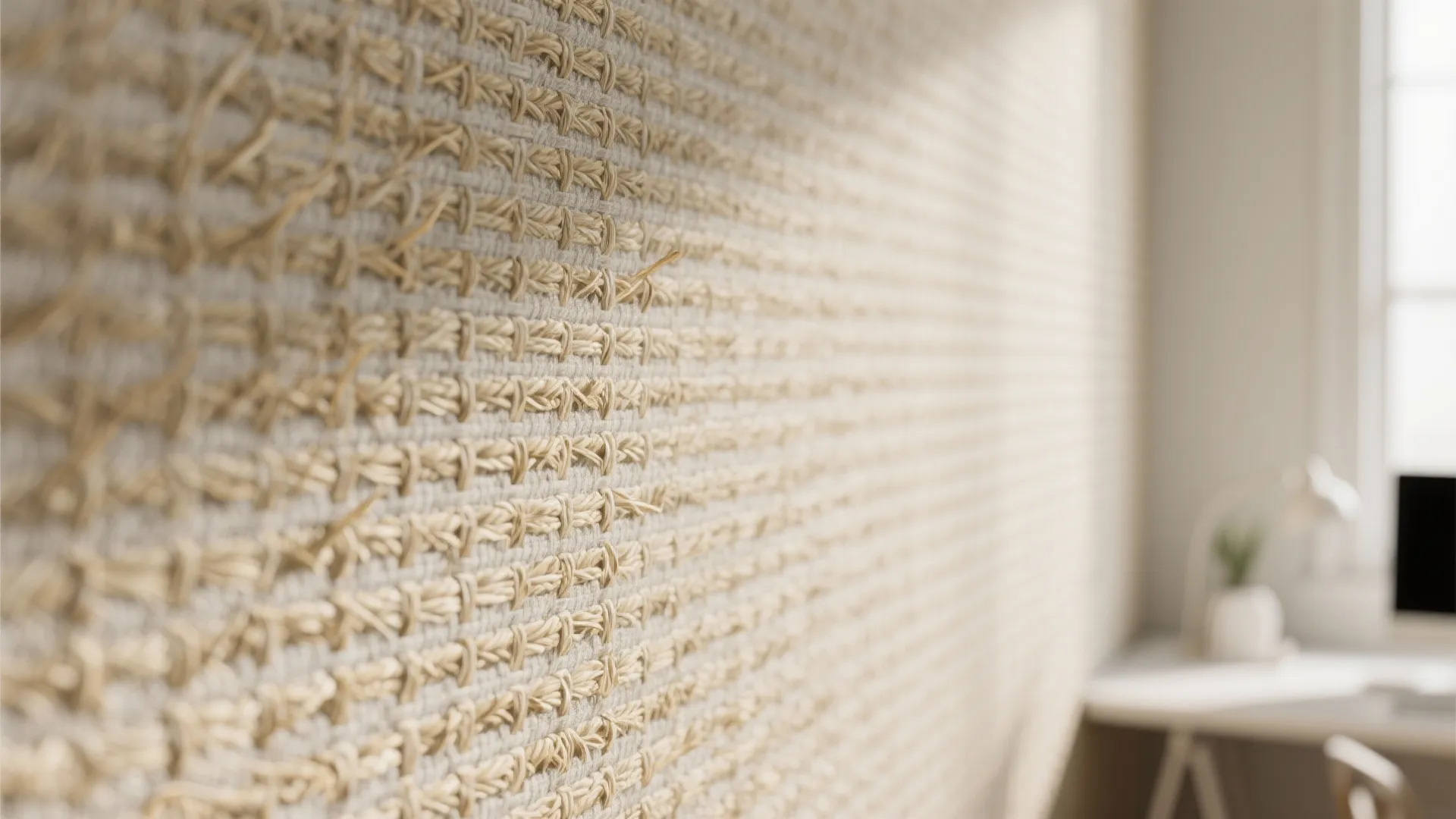 Macro close-up of natural sisal grasscloth wallpaper showing woven texture and subtle shadow.