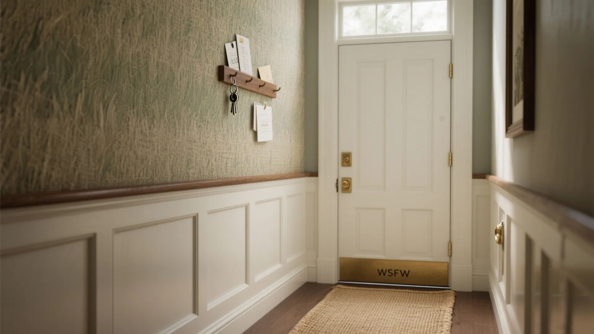 Small entryway with white wall panel green grass wallpaper a wooden hanger and floor mat