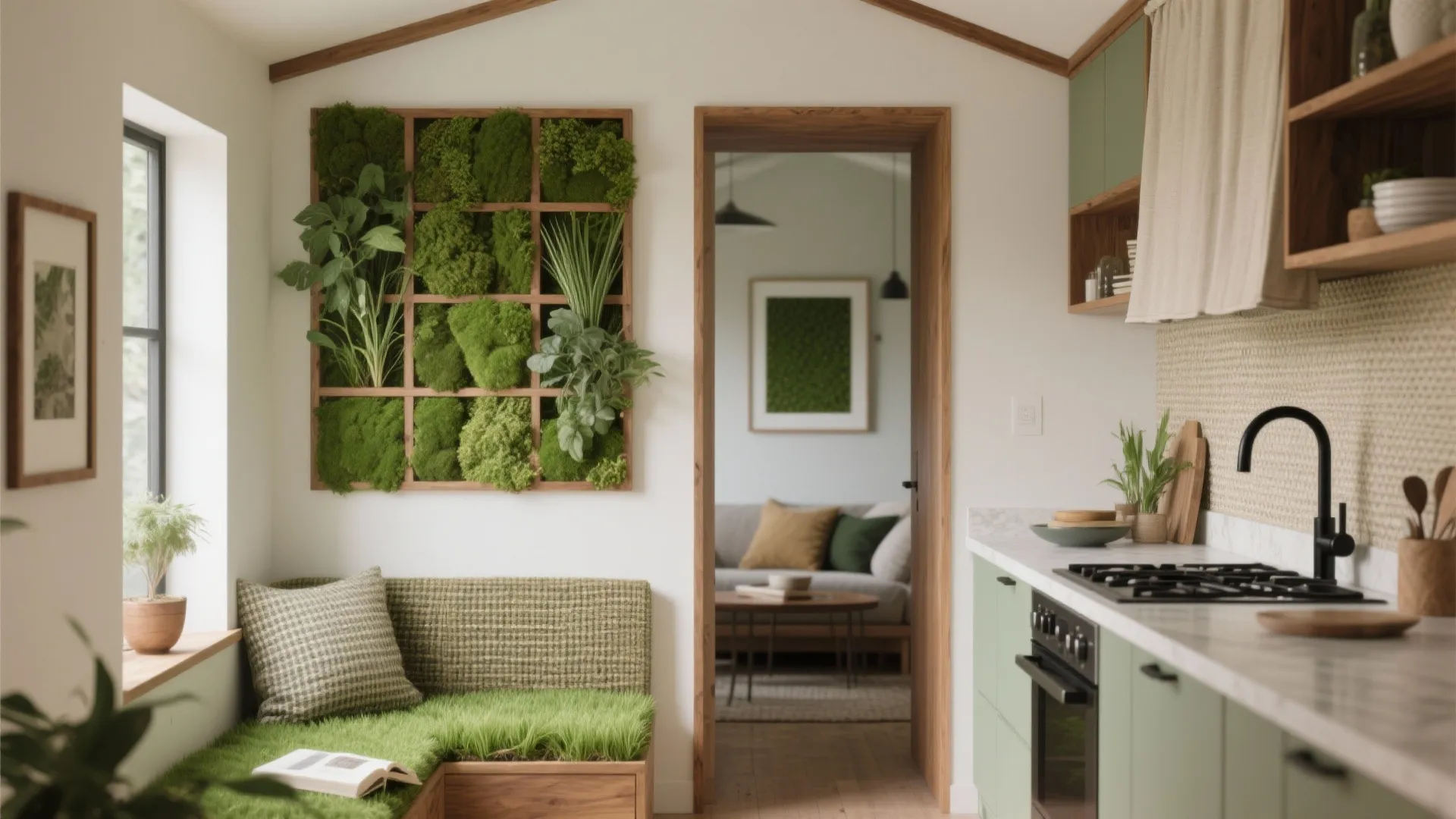 Modern kitchen with green cabinets featuring a vertical plant wall and a grass covered bench