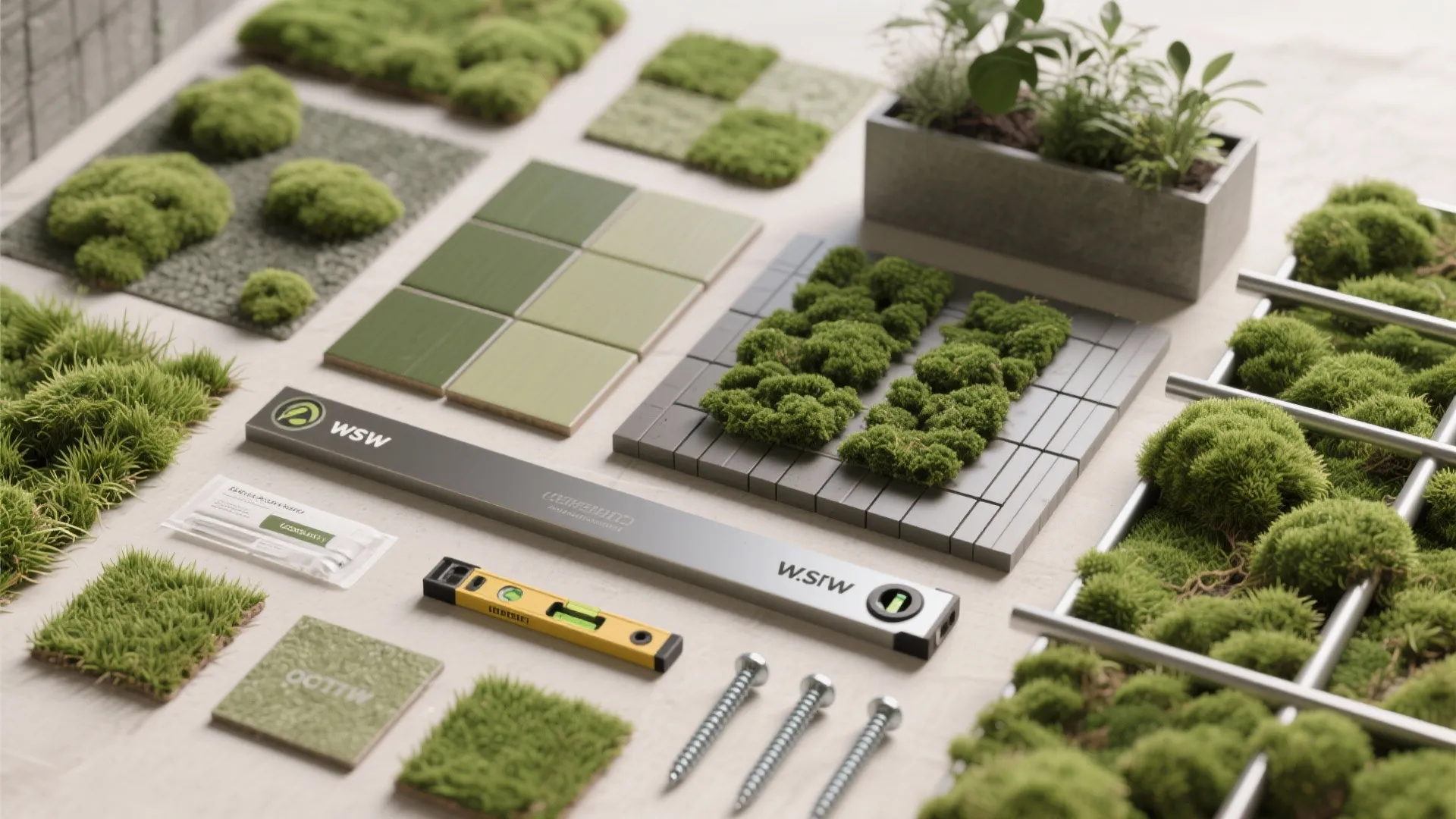 Grass wall kit with moss patches, green tiles, leveling tool, screws, metal rails, and plant