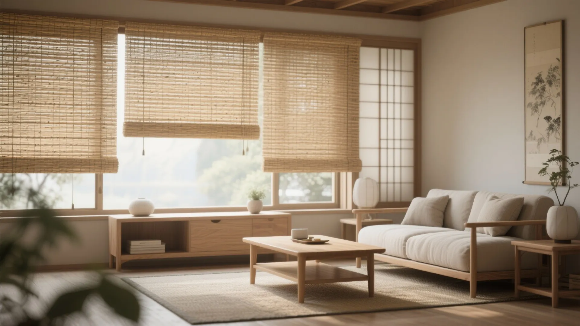 Woven grasscloth blinds in a serene Japandi-style living room