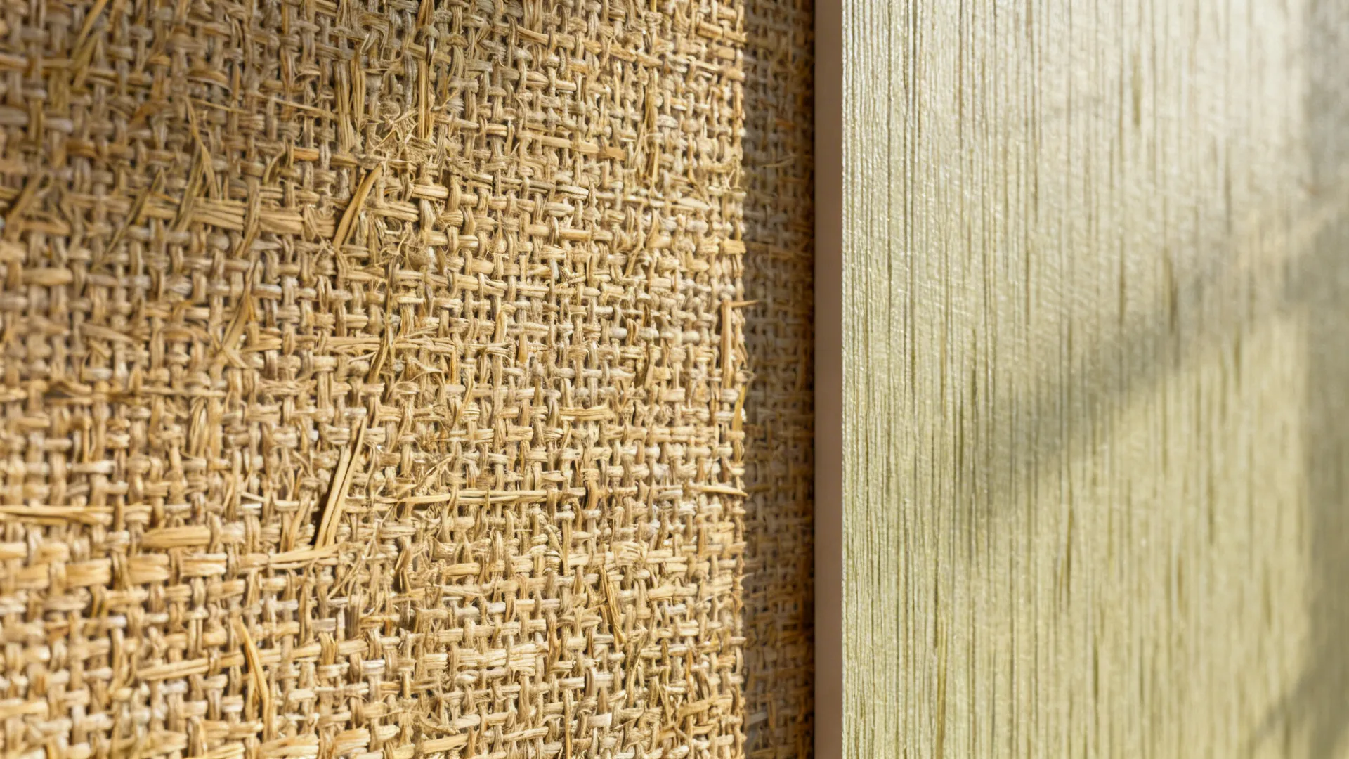 Close-up of grasscloth textured wallpaper and a vinyl alternative swatch.