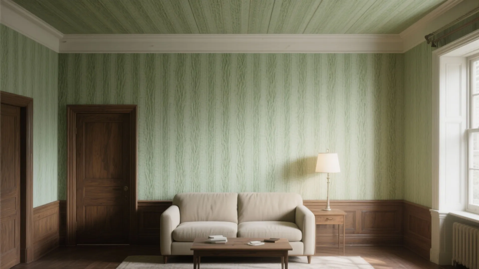 Traditional living room featuring green striped wallpaper wood wall panels beige sofa and wooden table