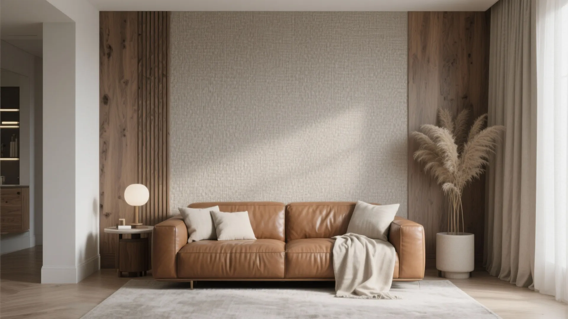 Modern living room featuring a brown leather sofa with cushions beside a tall dried plant