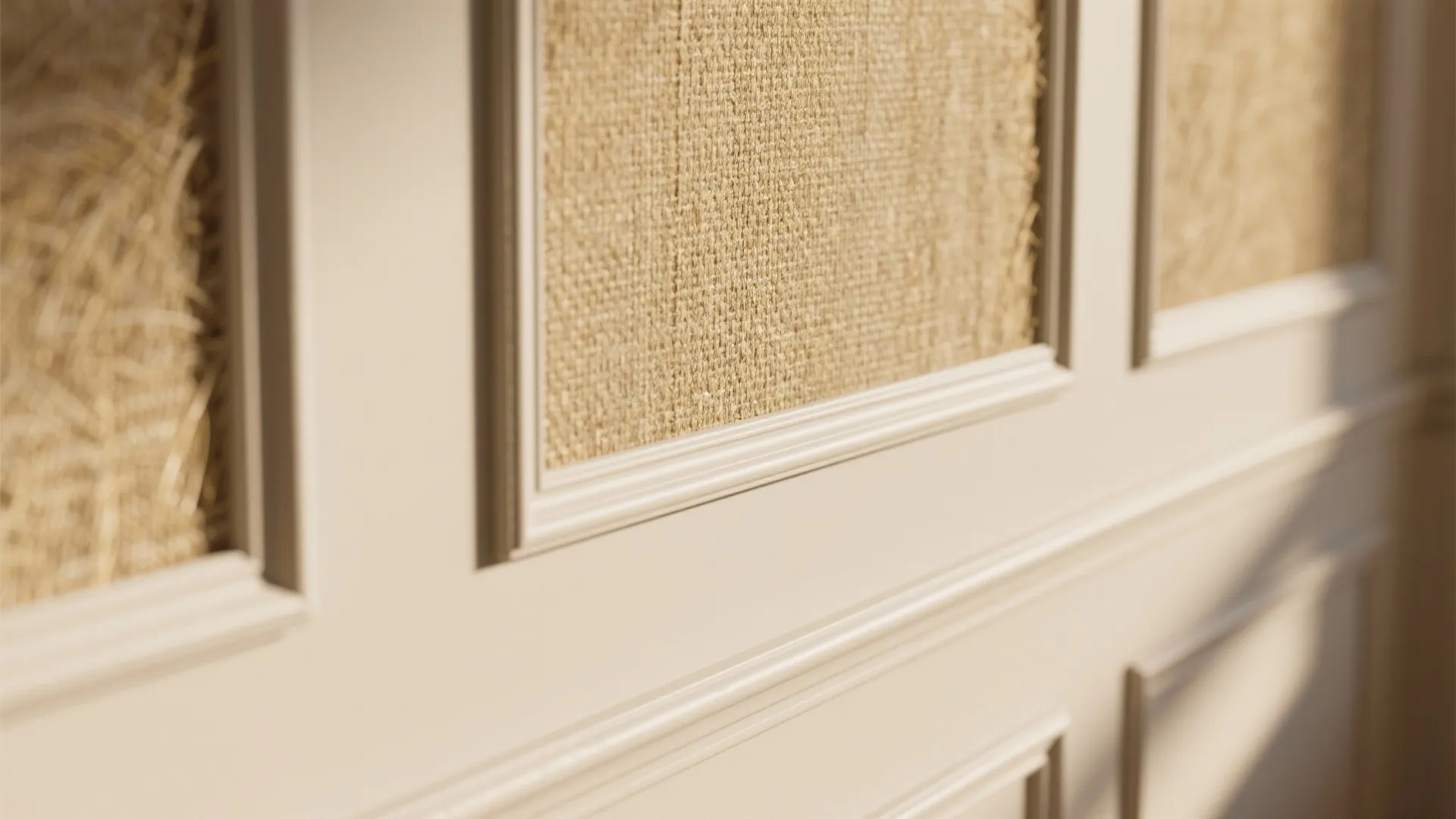 Close up of cream wall panel with textured woven fabric insert and elegant wood frame details