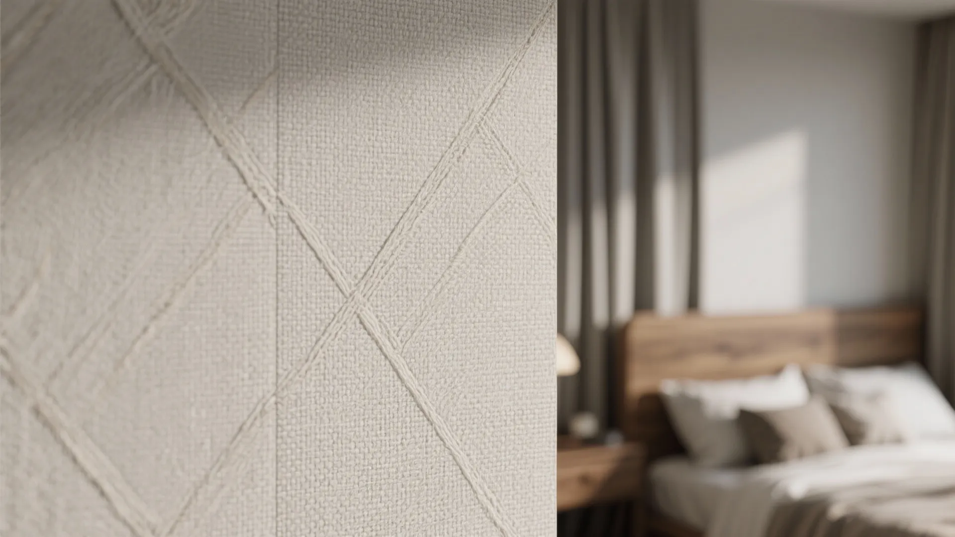 Cream textured wallpaper with diamond patterns in modern bedroom with wooden bed and simple furniture