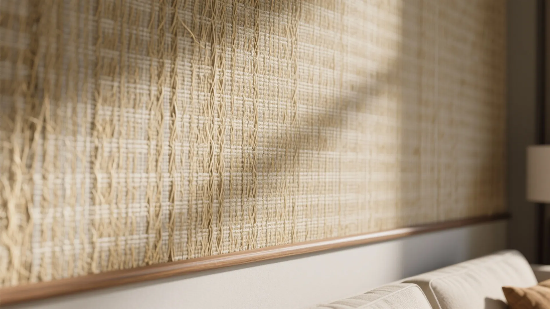 Close up view of natural textured wallpaper material with sunlight shadows on a light wall