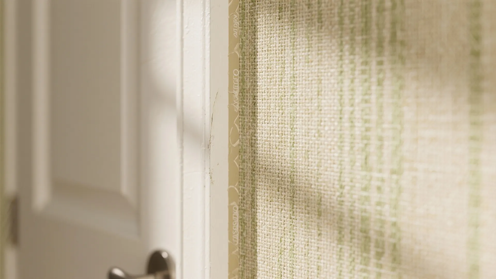 Close up view of green textured wallpaper material being applied next to a white door