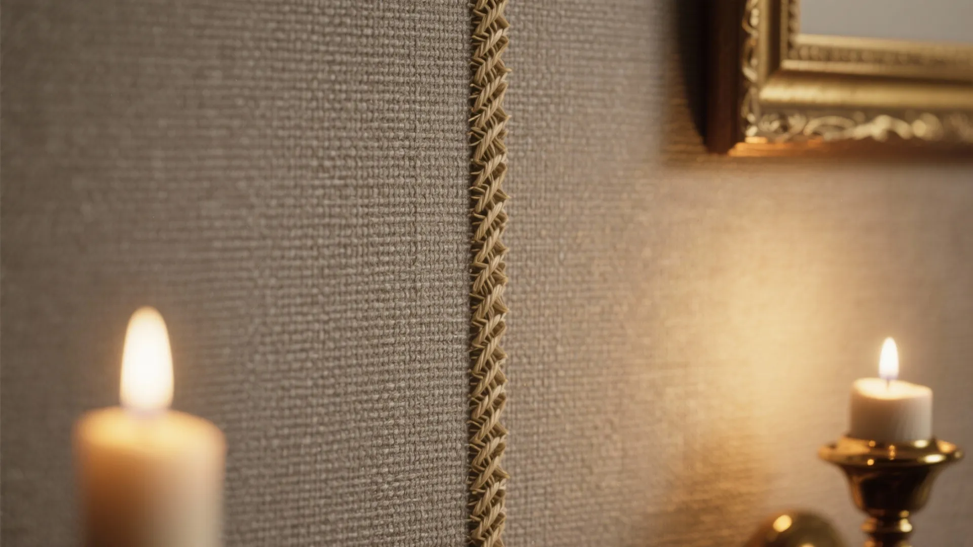 Close up of textured beige wall panel with woven detail and warm candles in home interior