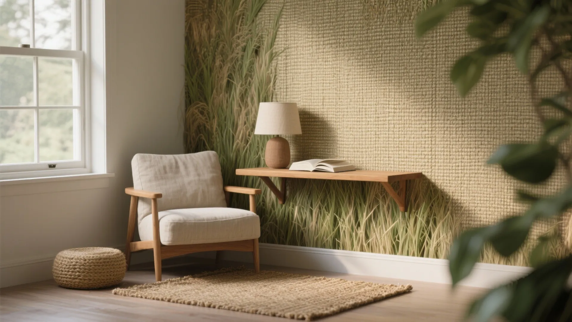 Cozy reading corner with armchair wooden wall shelf table lamp grass wallpaper and small rug