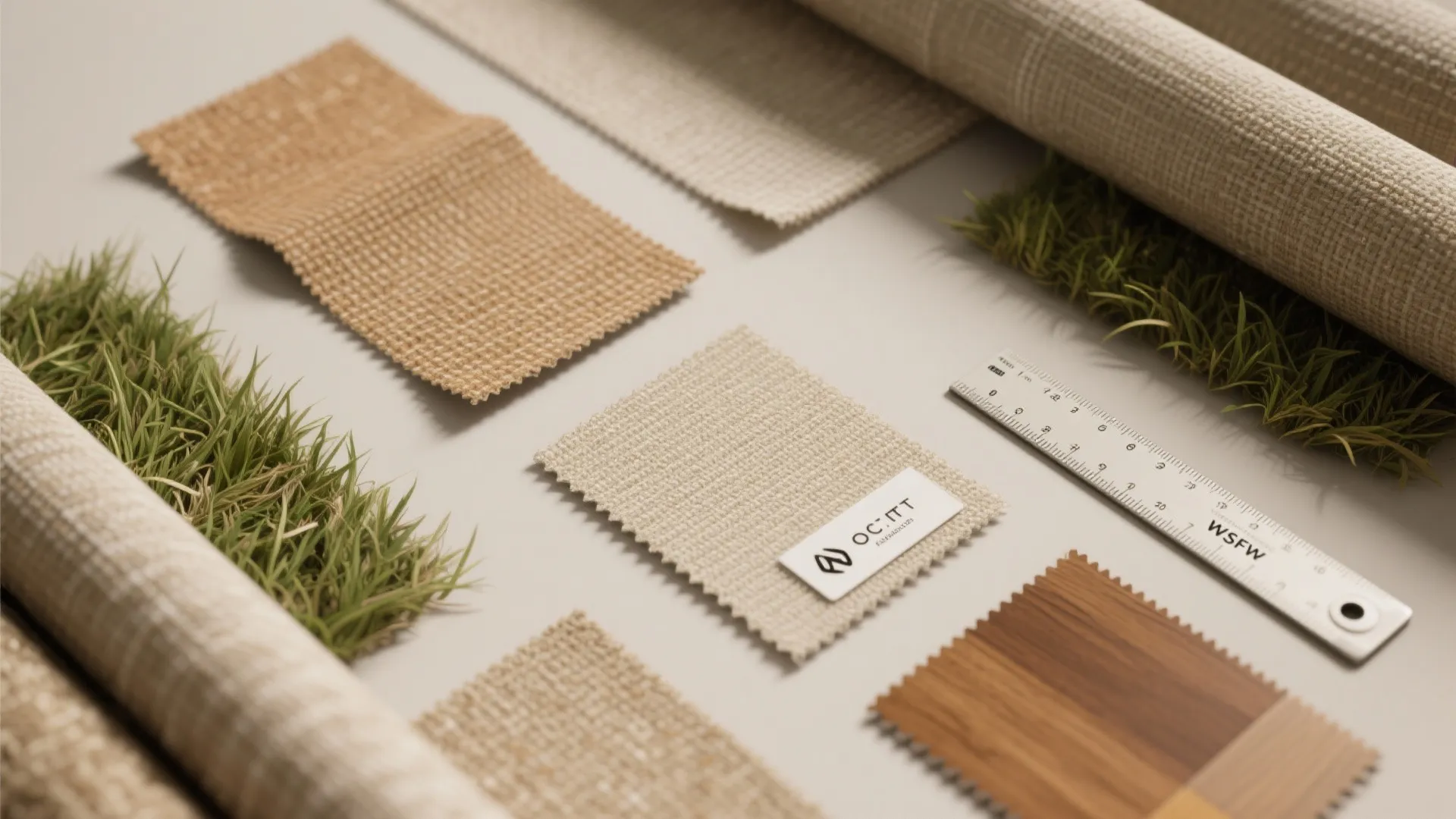 Natural material samples including textured wallpaper fabric wood panels green grass and a small silver ruler