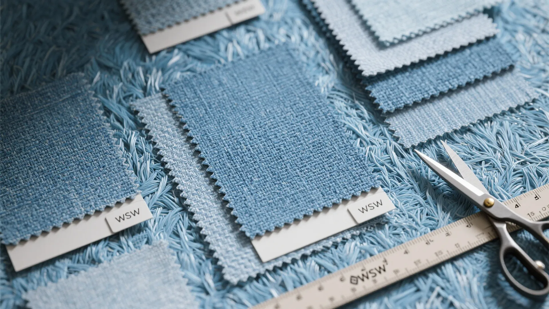 Blue woven fabric samples placed with scissors and a ruler on a blue shaggy carpet surface