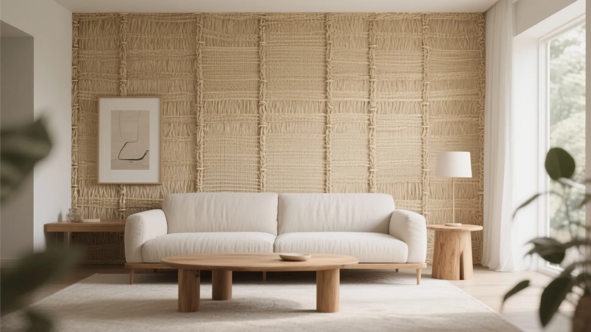 Cream sofa set against a textured woven wall with a wooden table and table lamp