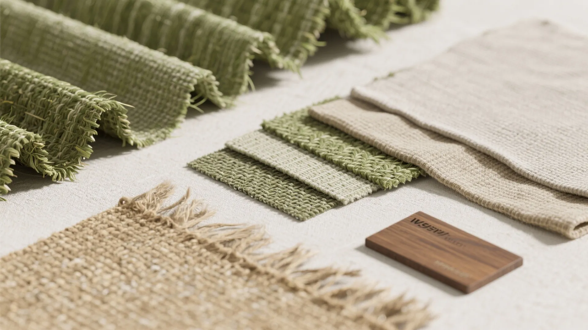 Collection of green and beige fabric material samples displayed on a light colored flat surface