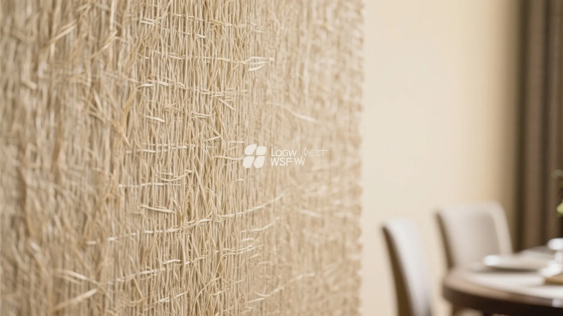 Close-up of beige grasscloth wallpaper in a dining room