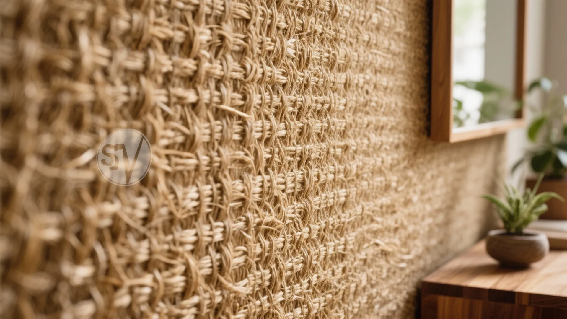 Close-up of warm-toned grasscloth wallpaper texture with natural fibers