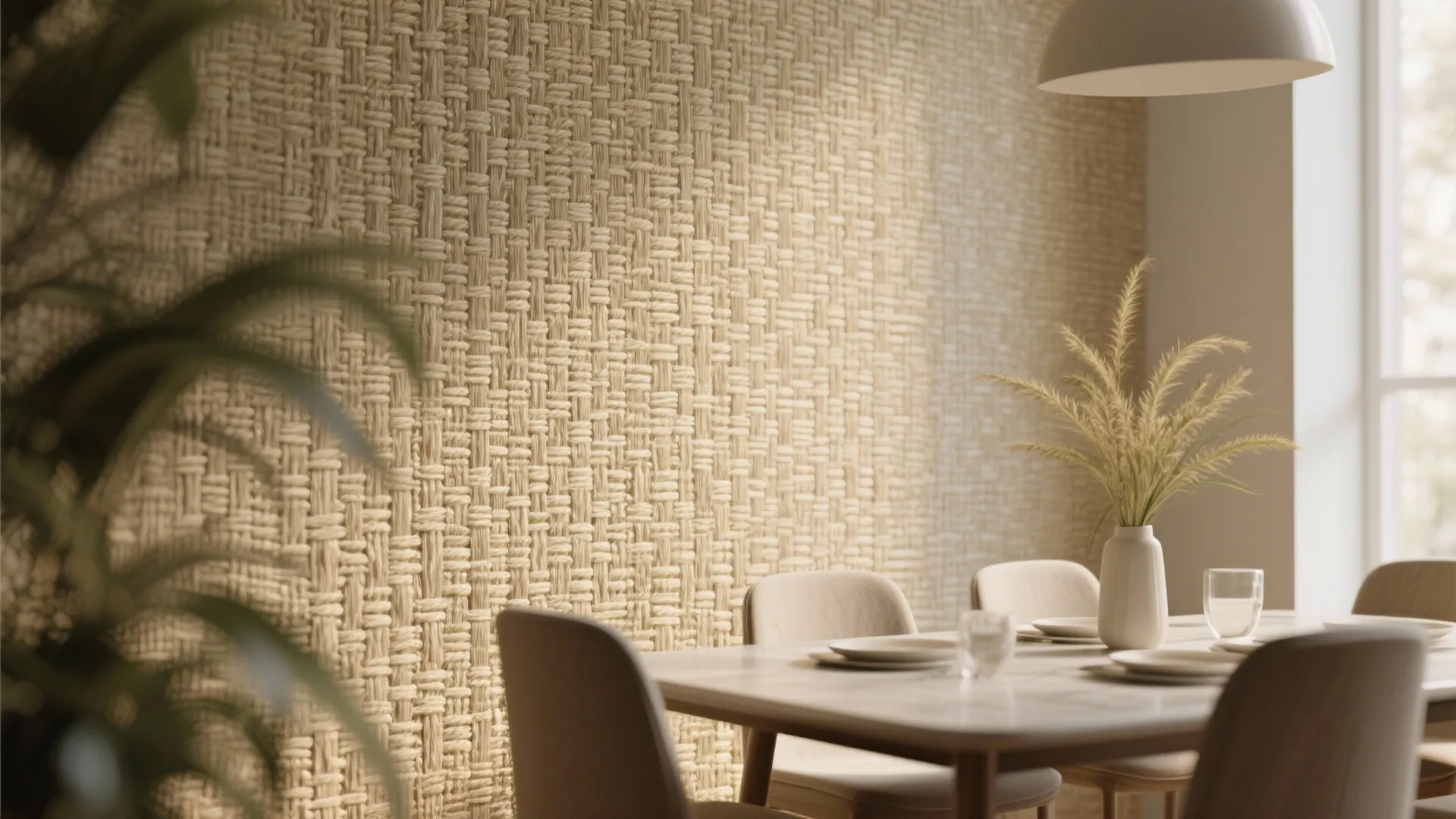 Dining room with woven wall paper wooden table beige chairs white vase and ceiling light