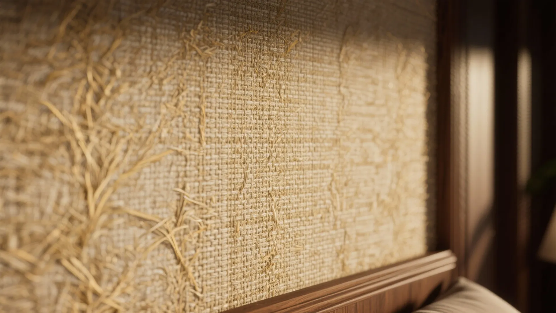 Close up view of natural woven wall paper texture with light brown fibers and frame