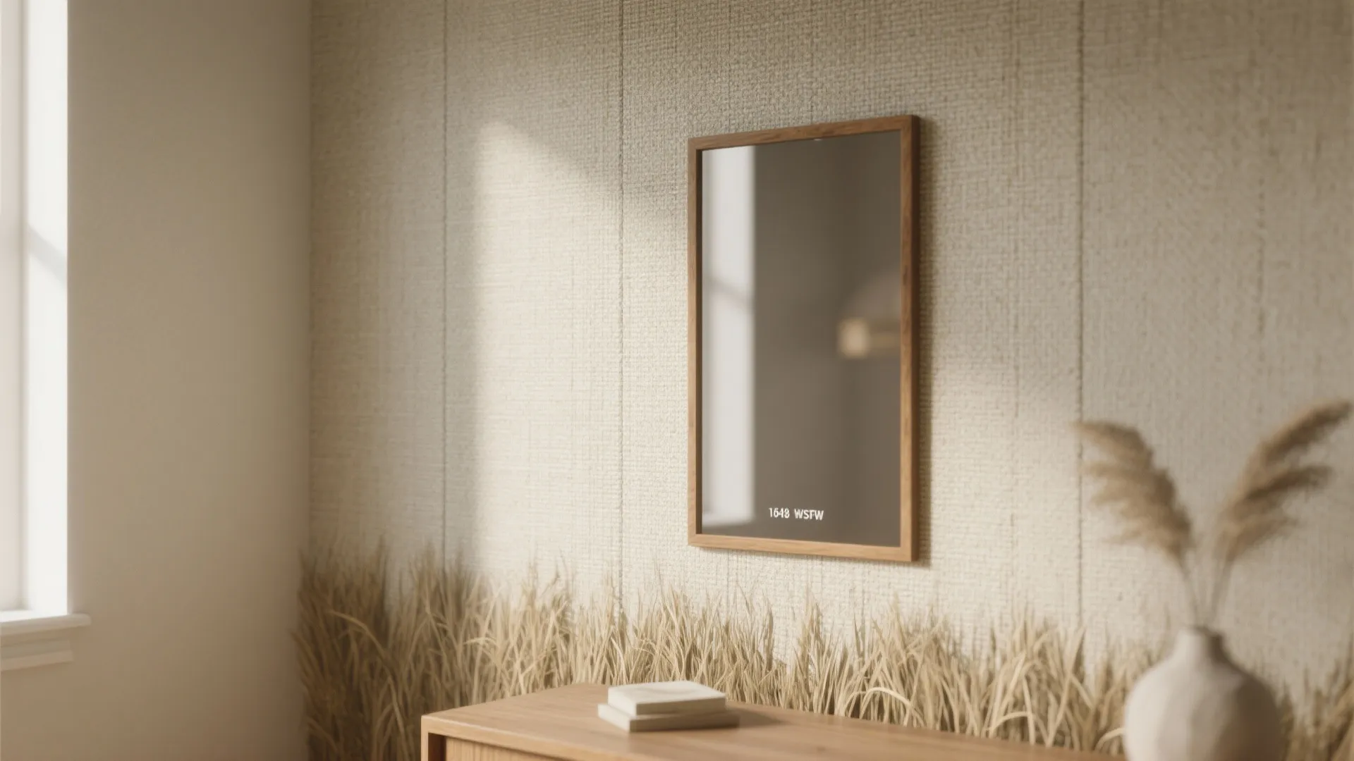 Textured cream wall panel with wooden frame picture and dried grass decoration on a wooden cabinet