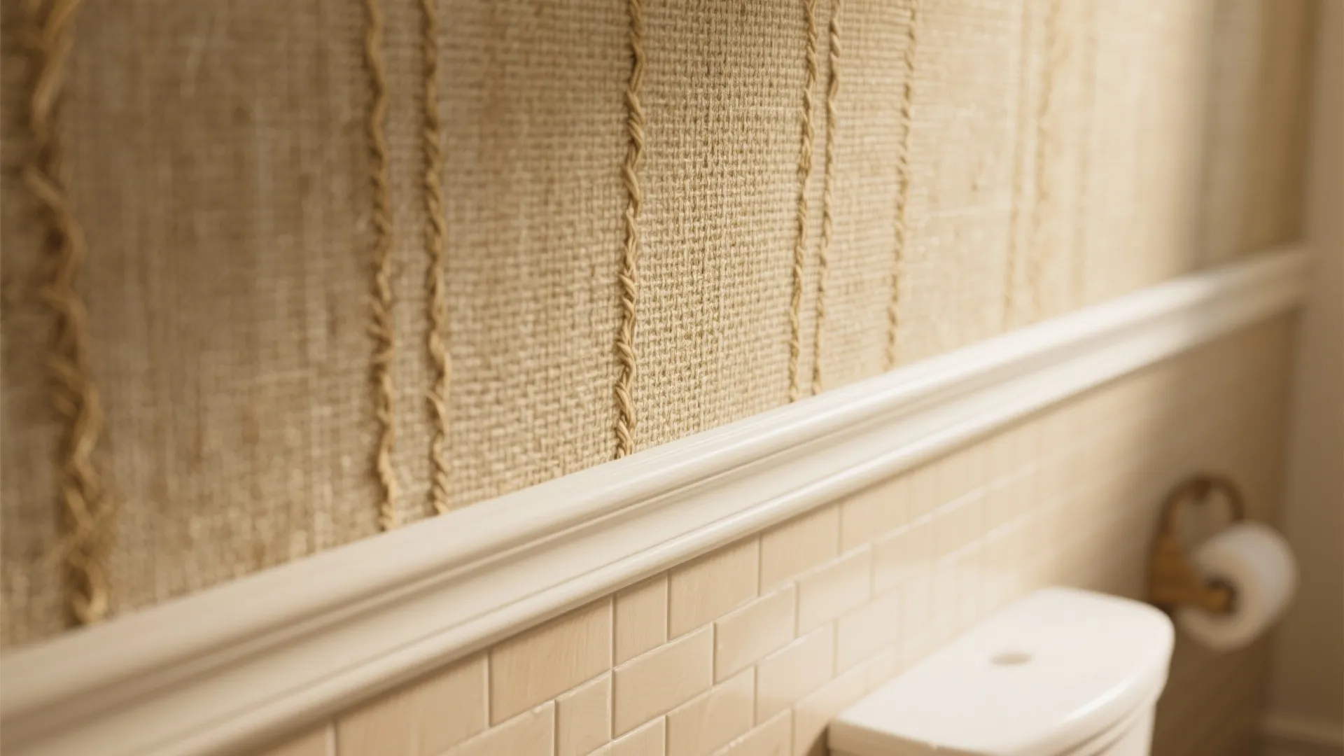 Macro detail of textured grasscloth wallpaper above a tiled wainscot, warm and tactile.
