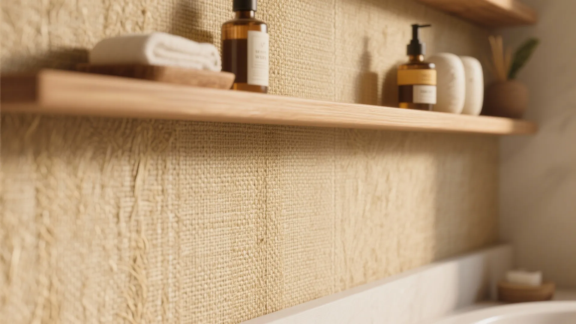 Wooden shelf holding brown glass bottles and white soap on a textured beige woven wall