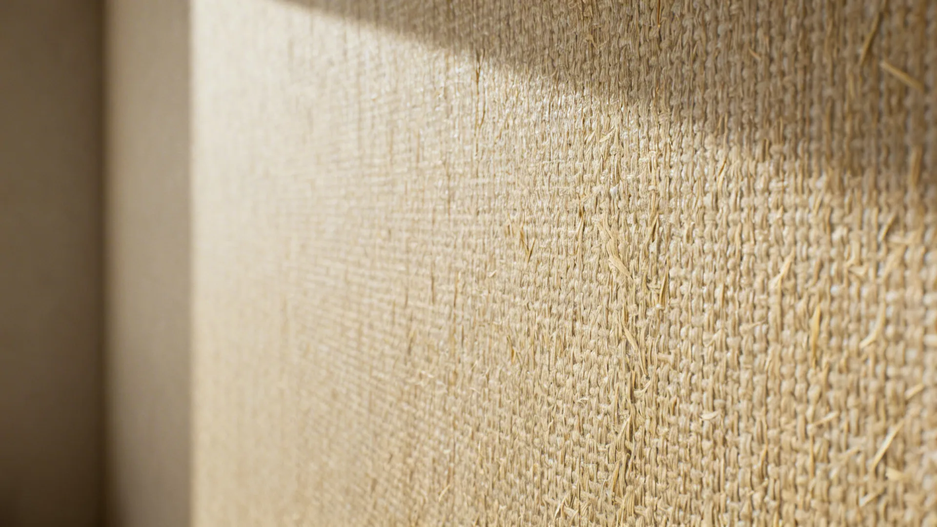 Close-up of woven grasscloth wallpaper showing tactile fibers and warm tones