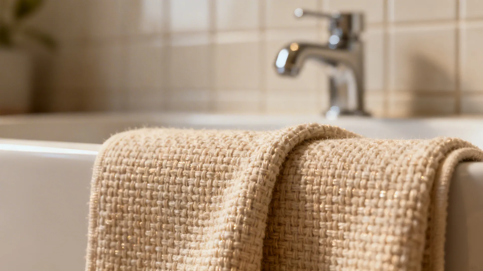Close-up of grasscloth-look vinyl wallpaper texture with soft lighting, suitable for bathrooms.
