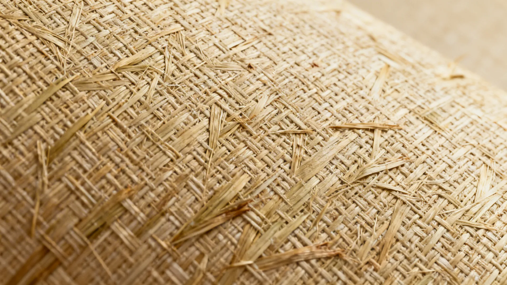 Macro view of warm beige grasscloth wallpaper showing woven natural fibers and texture.