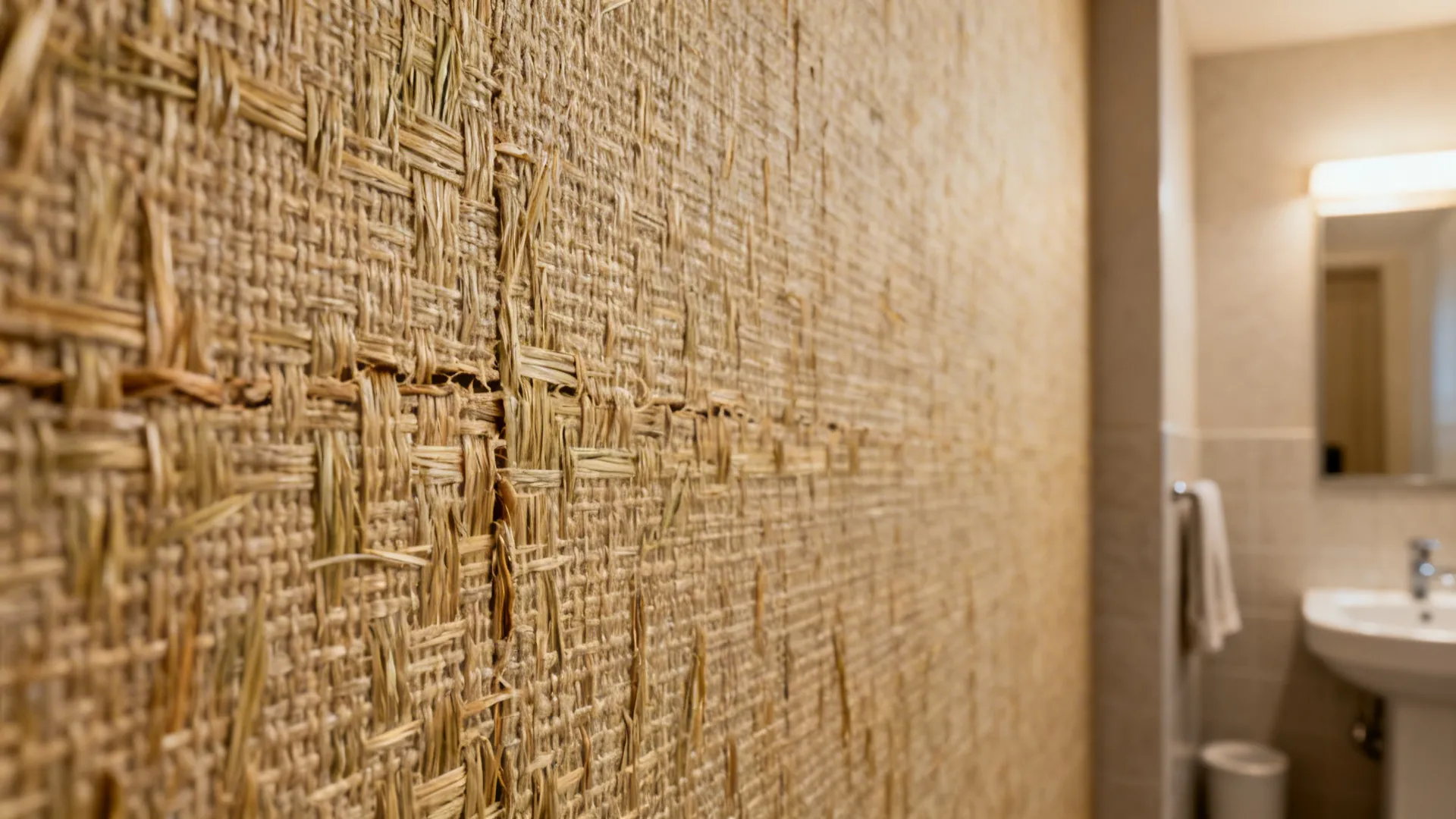 Close-up of natural grasscloth wallpaper showing woven texture and warm neutral color in soft light.