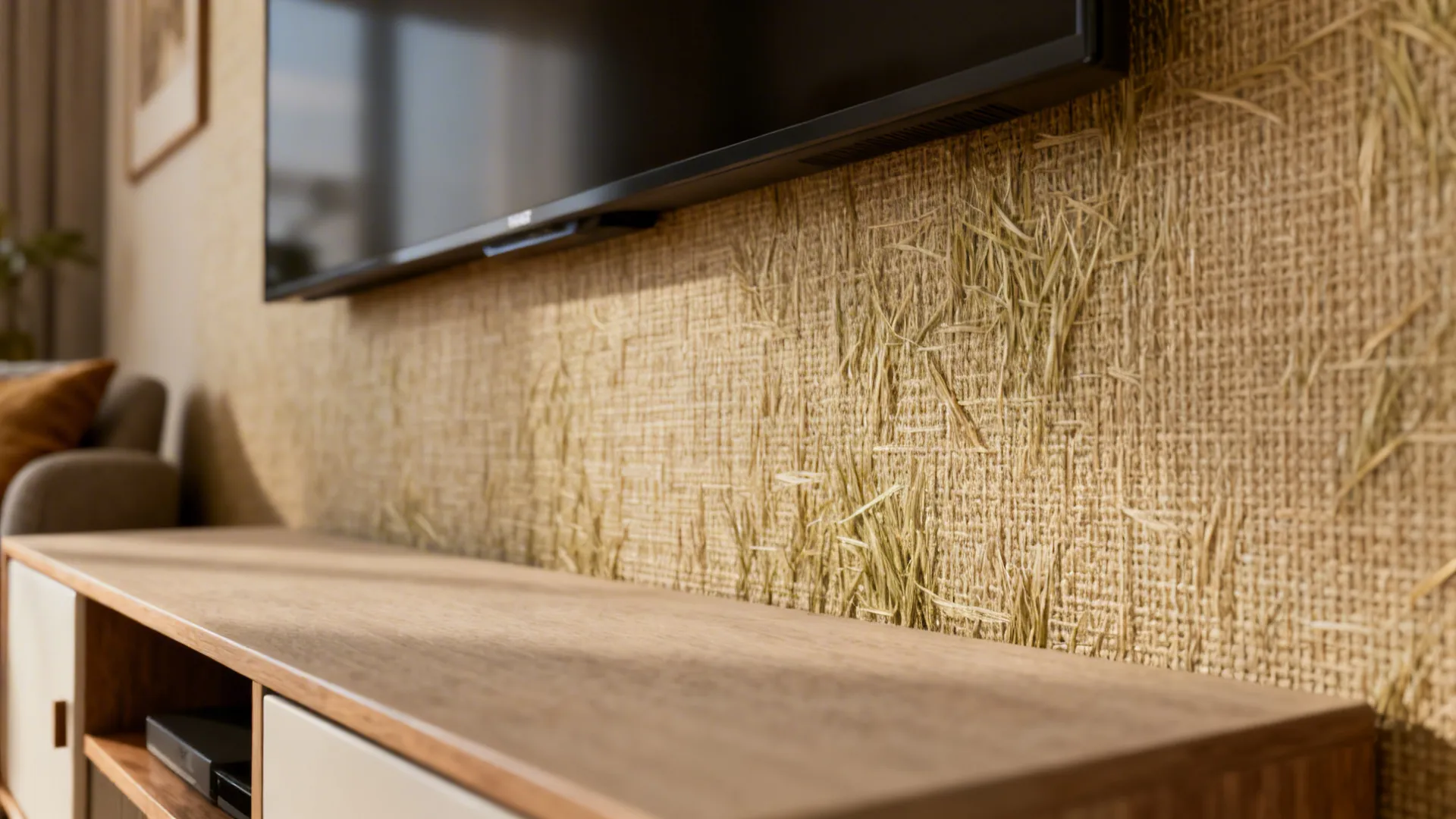 Close-up of grasscloth wallpaper showing woven texture and warm tonal variation behind a media console.