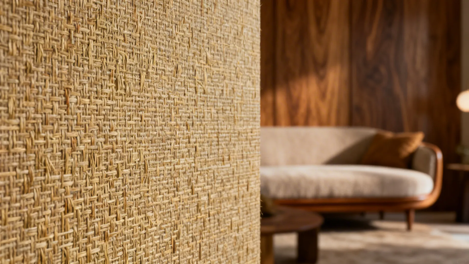 Close up of natural woven wallpaper texture with a blurred sofa and wooden wall background