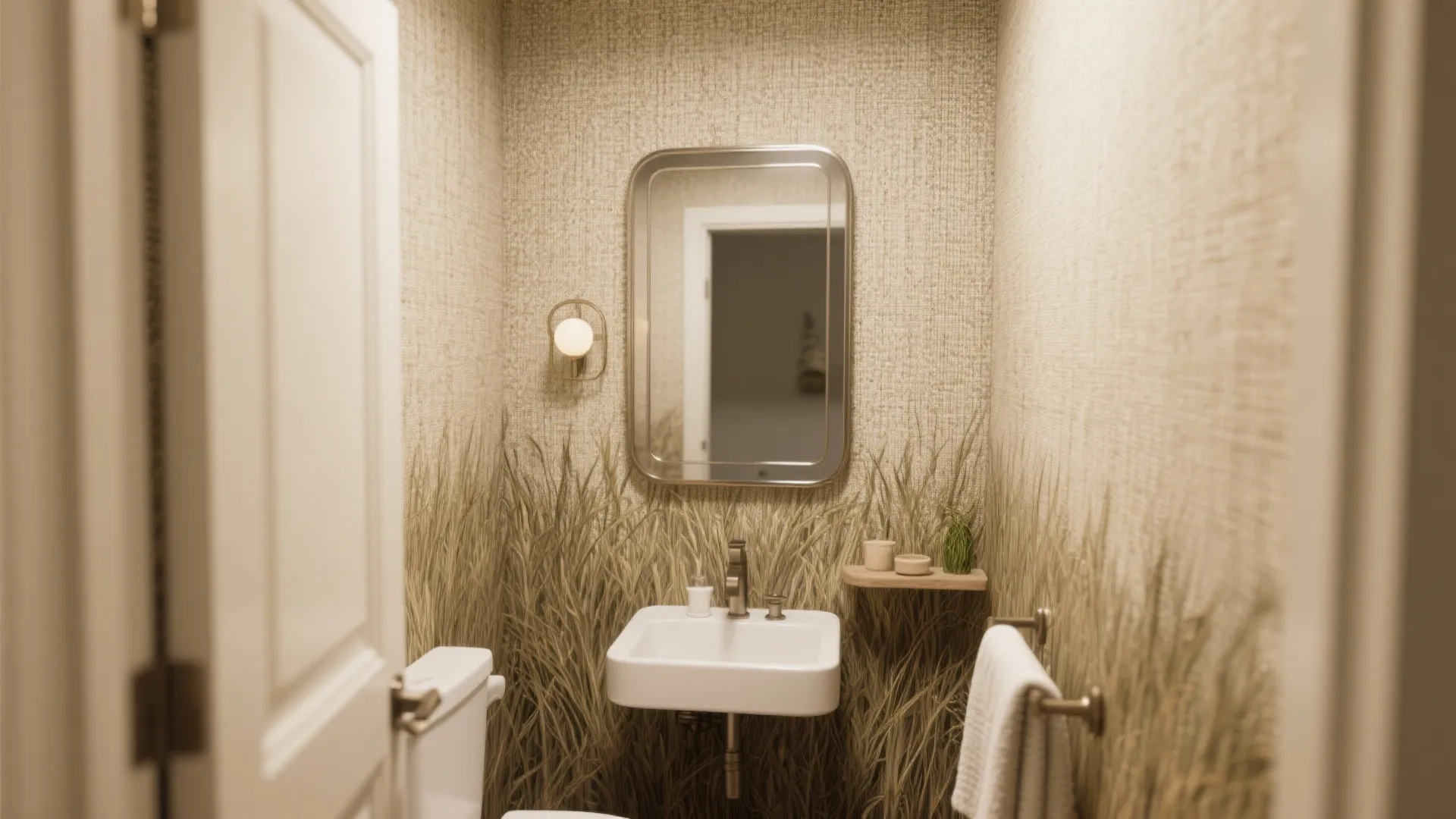 Warm bathroom with grass pattern wallpaper small mirror white sink wall light and white towel