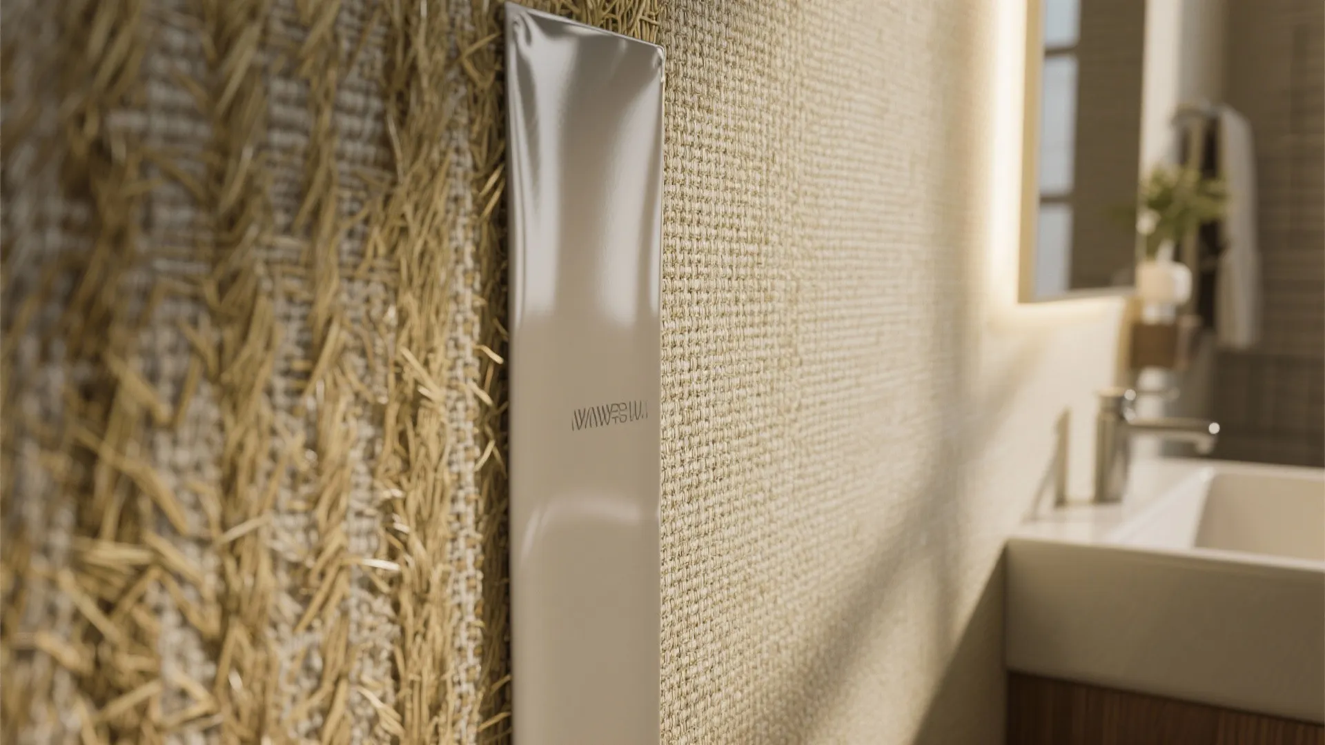 Close up view of textured wall material in a bathroom near a white sink area