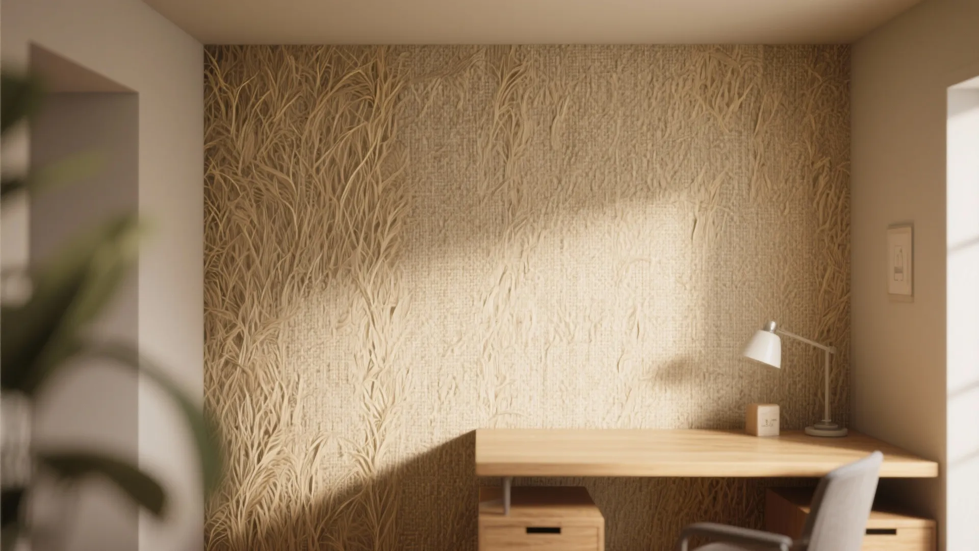 Detail of textured grasscloth wallpaper in warm beige tones